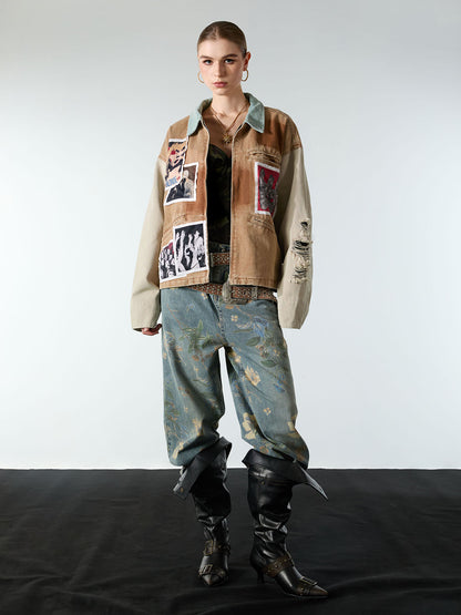 Punk Retro Collage Print Distressed Heavy Jacket