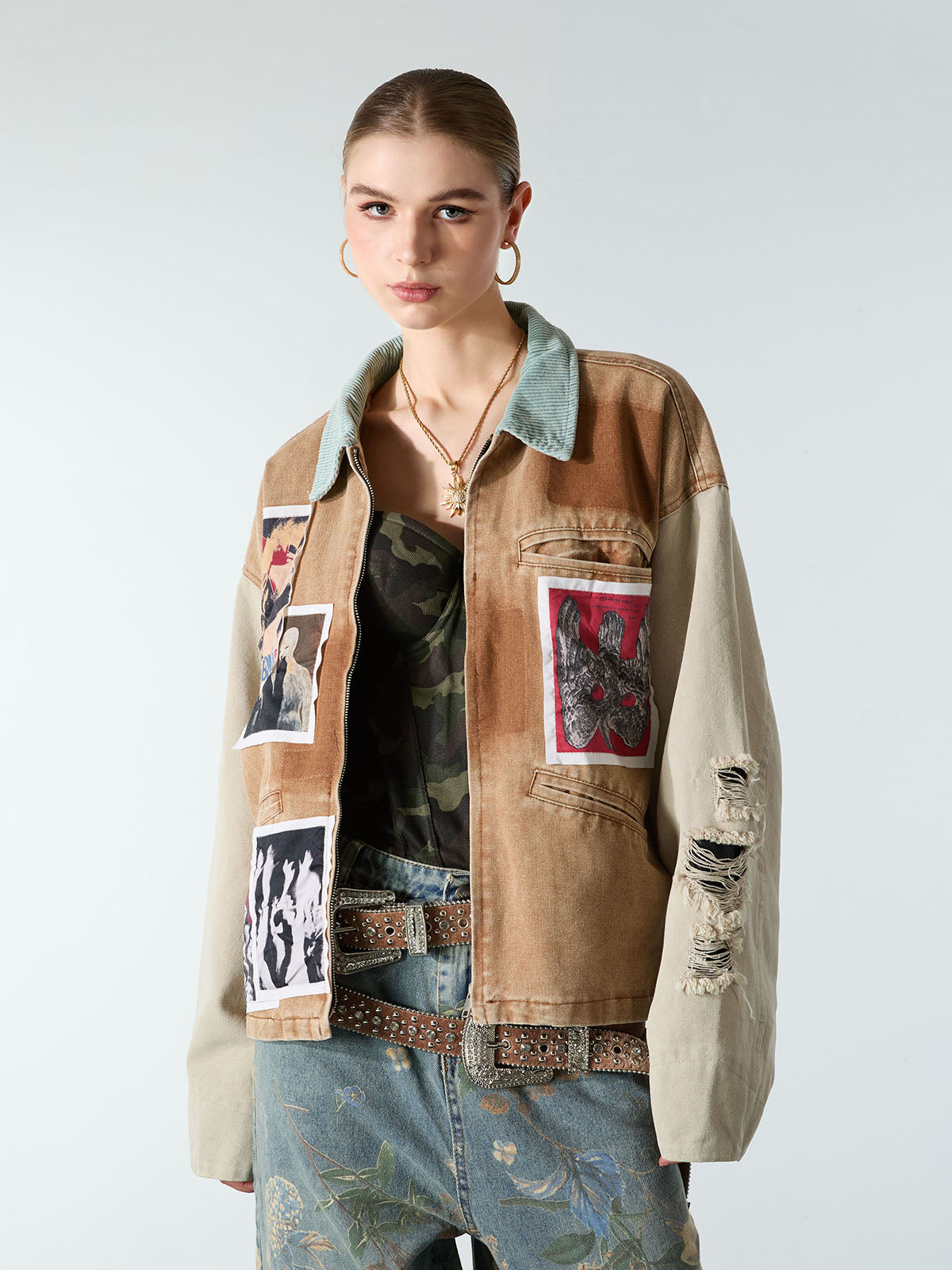 Punk Retro Collage Print Distressed Heavy Jacket