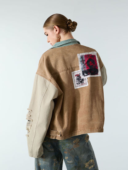 Punk Retro Collage Print Distressed Heavy Jacket