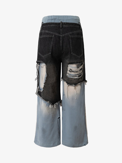 Thesupermade Double-waistband Denim Patchwork Ripped Casual Pants