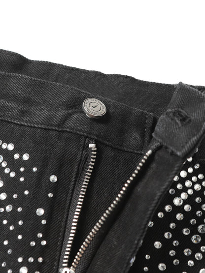 Retro Washed Rhinestone Raw Edge Denim Shorts - 2419