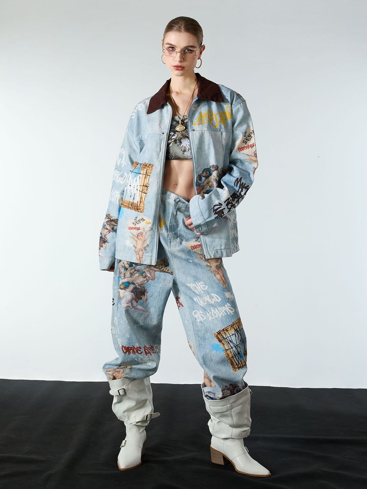 Artistic Patches Graphic  Distressed Denim Jacket