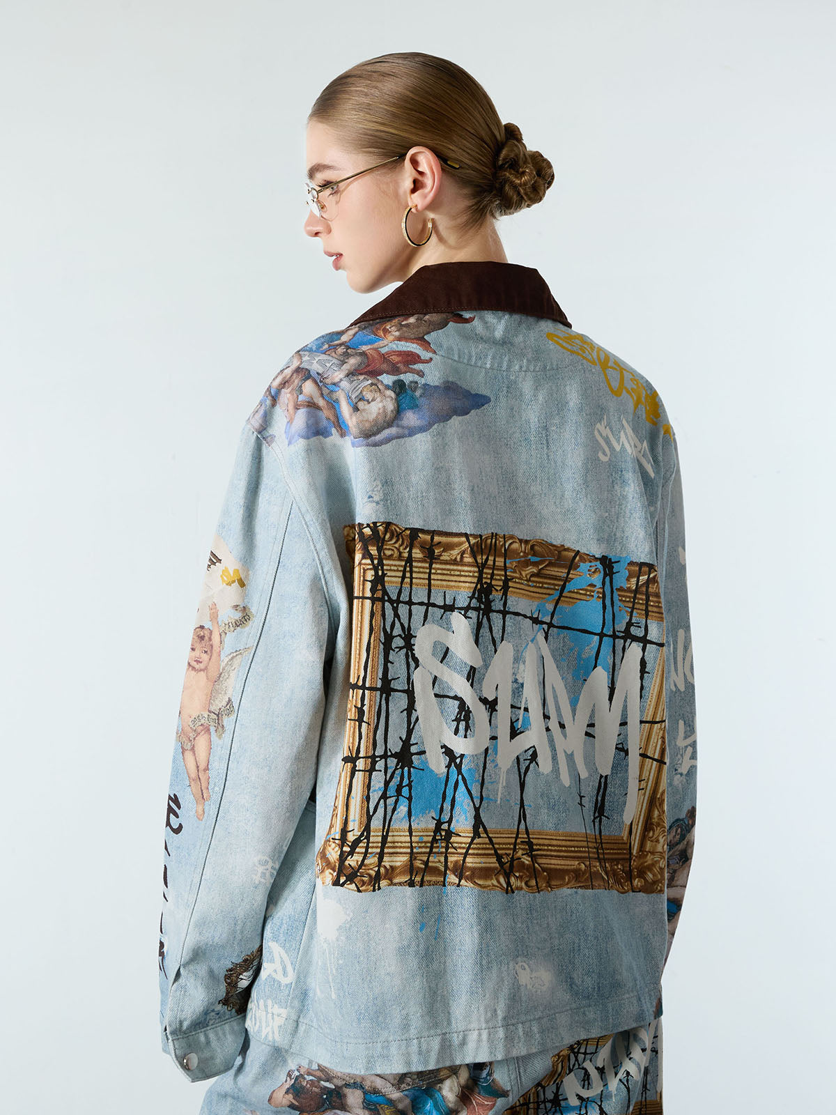 Artistic Patches Graphic  Distressed Denim Jacket