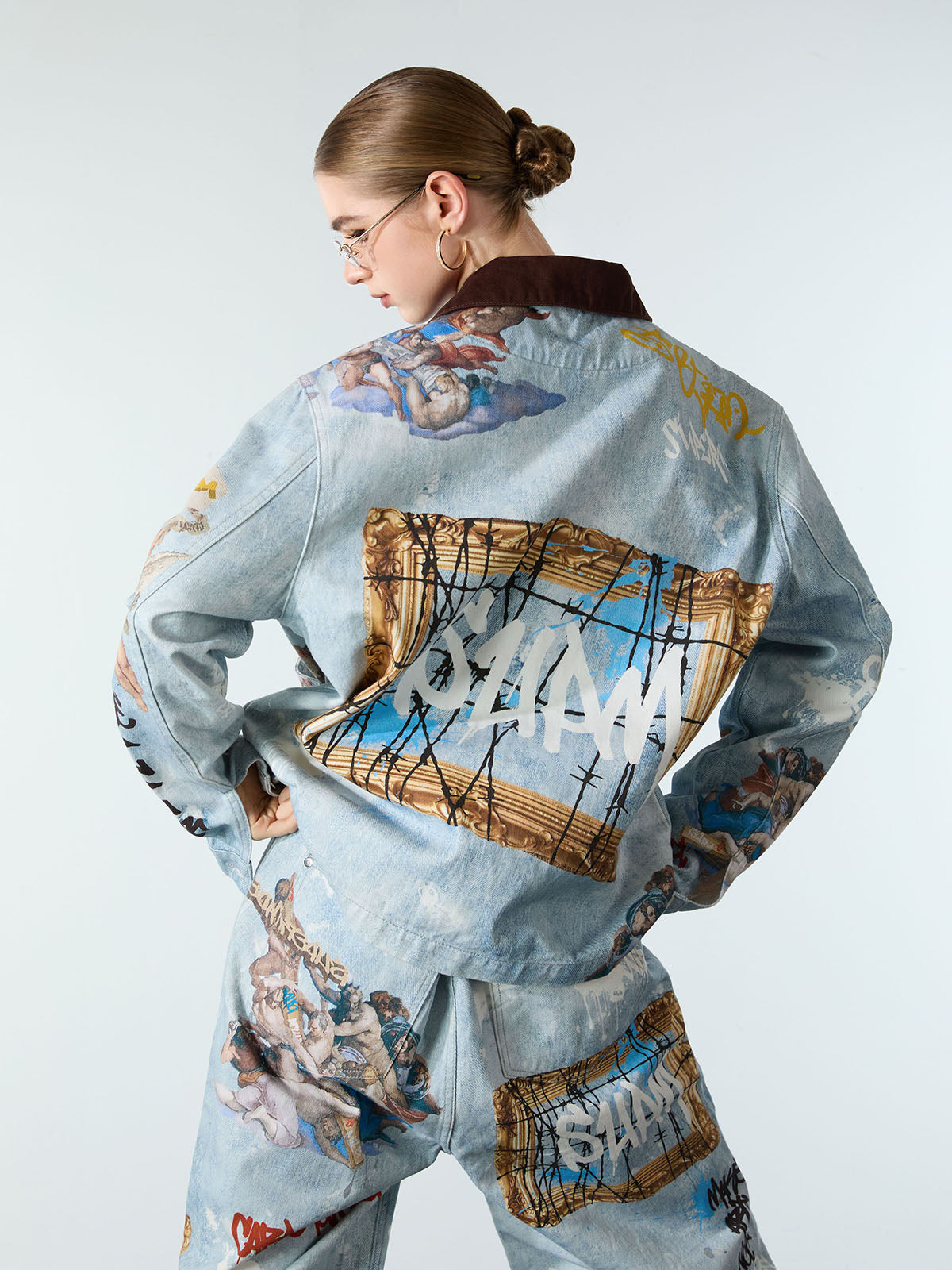Artistic Patches Graphic  Distressed Denim Jacket
