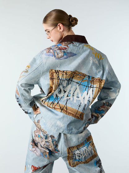 Artistic Patches Graphic  Distressed Denim Jacket