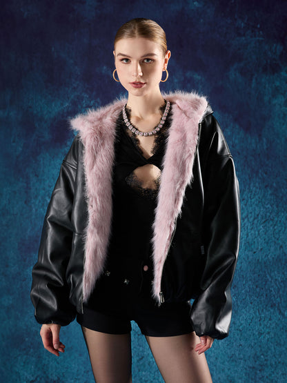 Leather Pink Fur Hooded Quilted Jacket