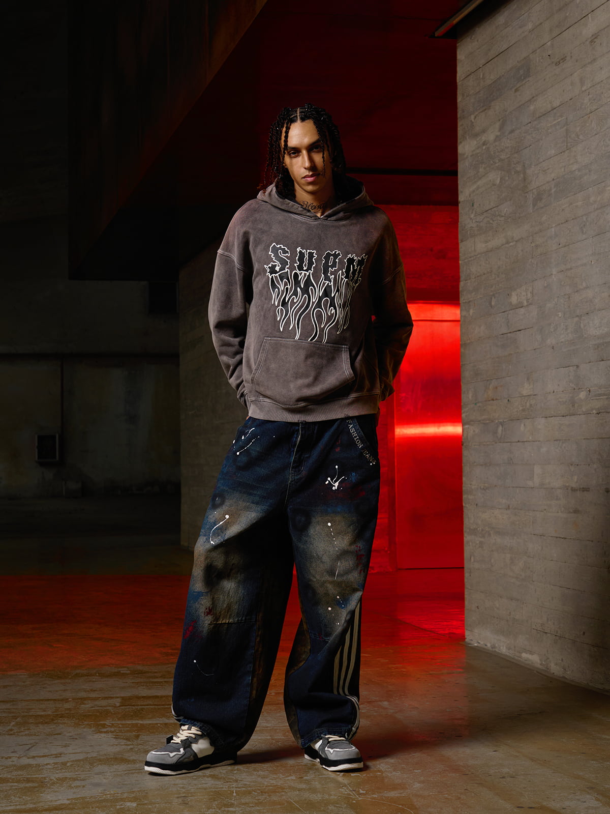 SPMD Flame Letter Graphic Cotton Hoodie