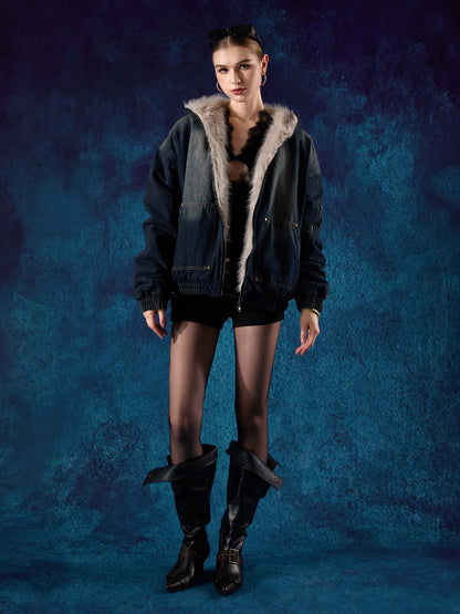 Cotton Washed Fur Hooded Jacket - 2265