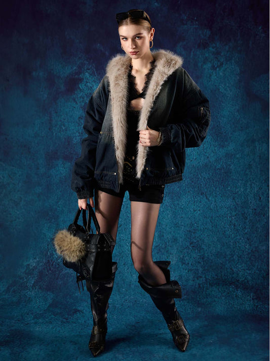 Cotton Washed Fur Hooded Jacket - 2265