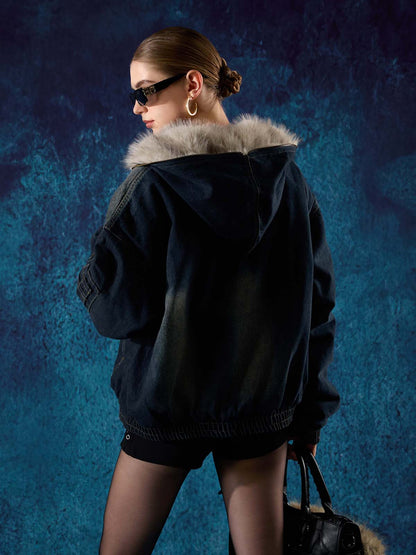 Cotton Washed Fur Hooded Jacket - 2265