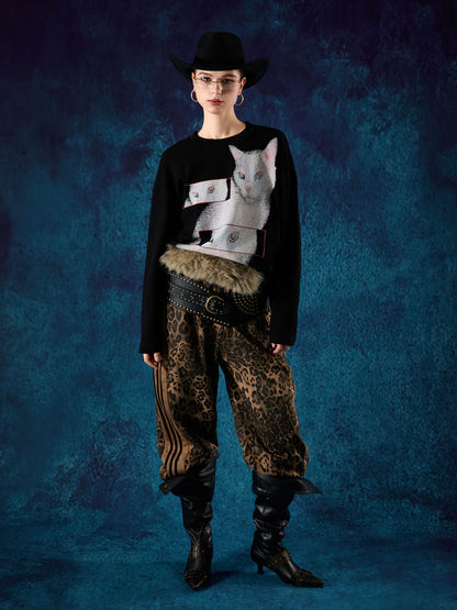 Cat Print Long-Sleeved T-Shirt