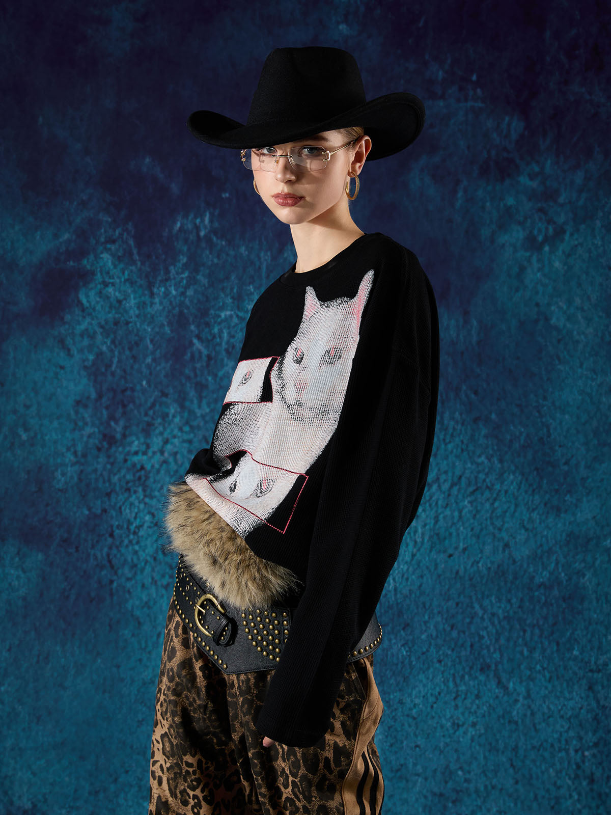 Cat Print Long-Sleeved T-Shirt
