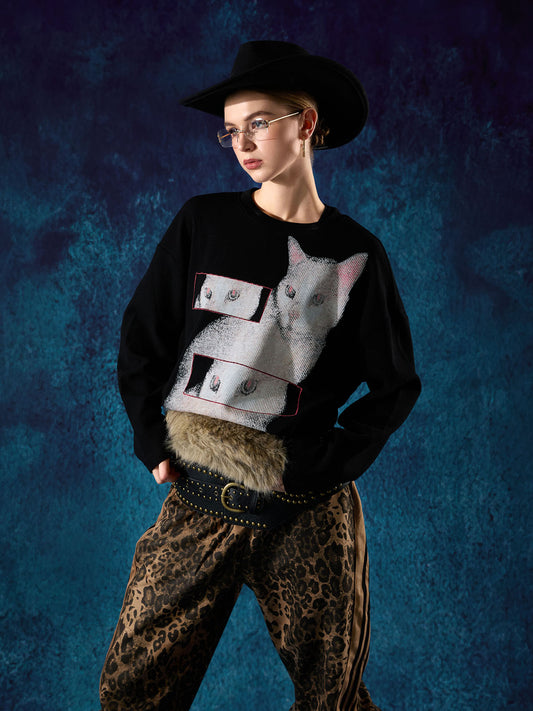 Cat Print Long-Sleeved T-Shirt