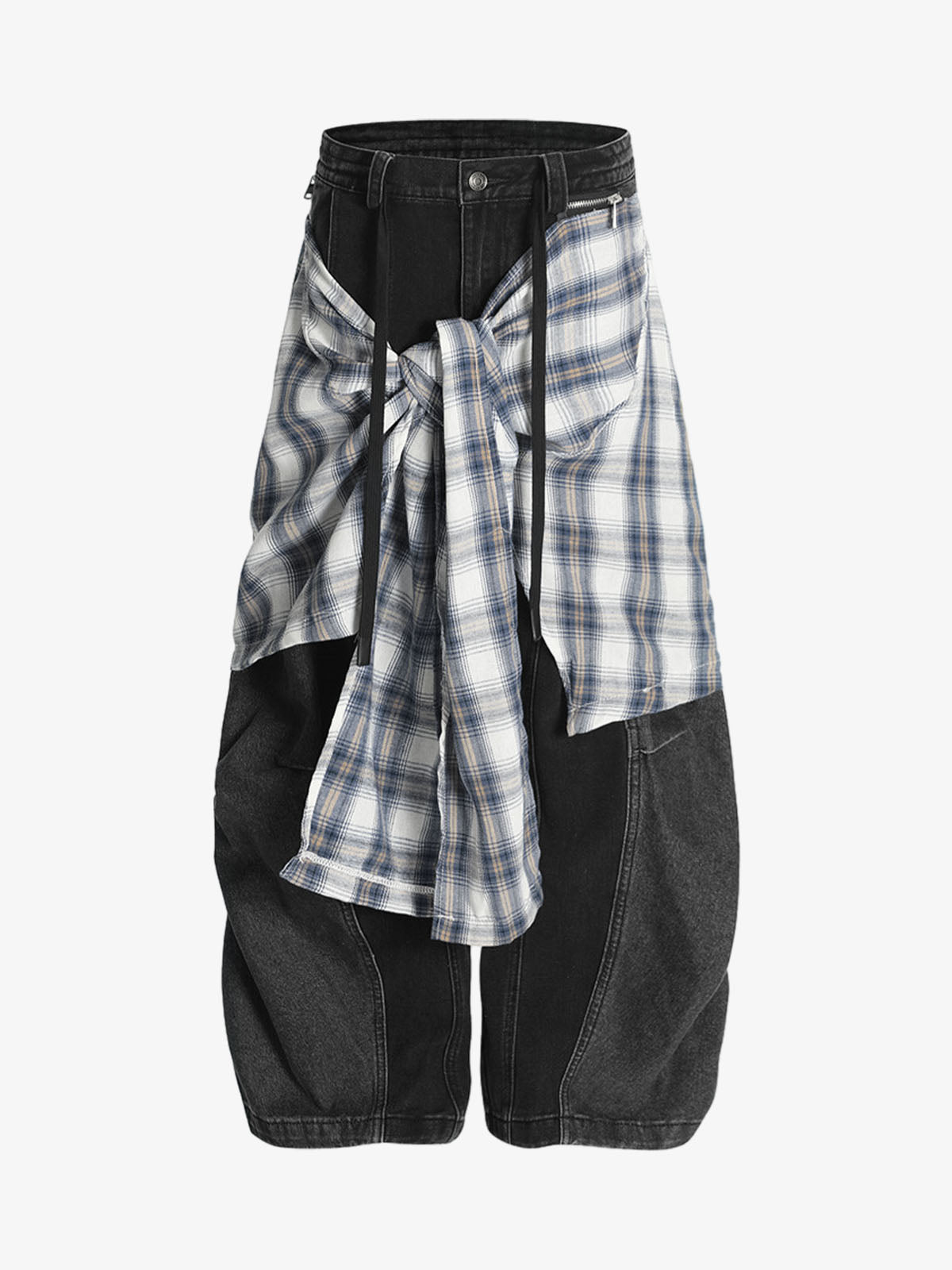 Faux Two-piece Plaid Detachable Scimitar Jeans