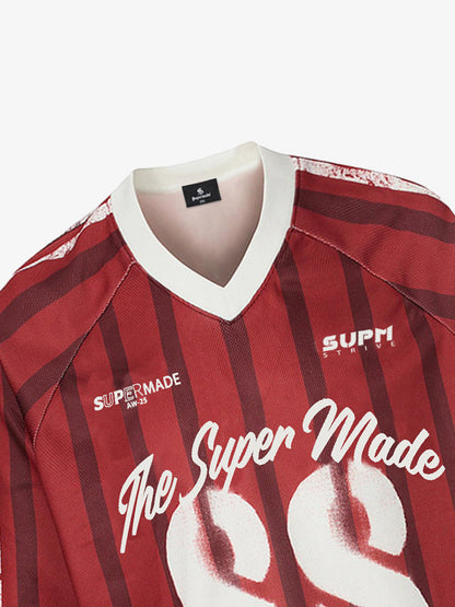 Retro Striped 88 Print Graphic Jersey Long-Sleeved T-Shirt