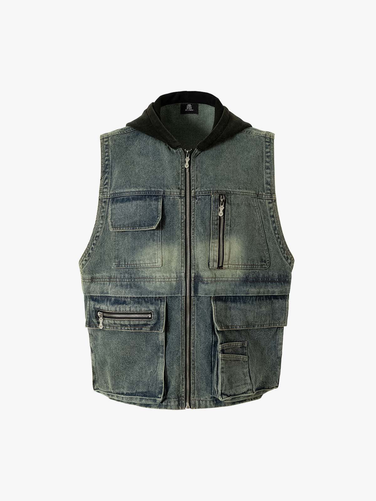 Thesupermade Functional Multi-pocket Hooded Denim Vest