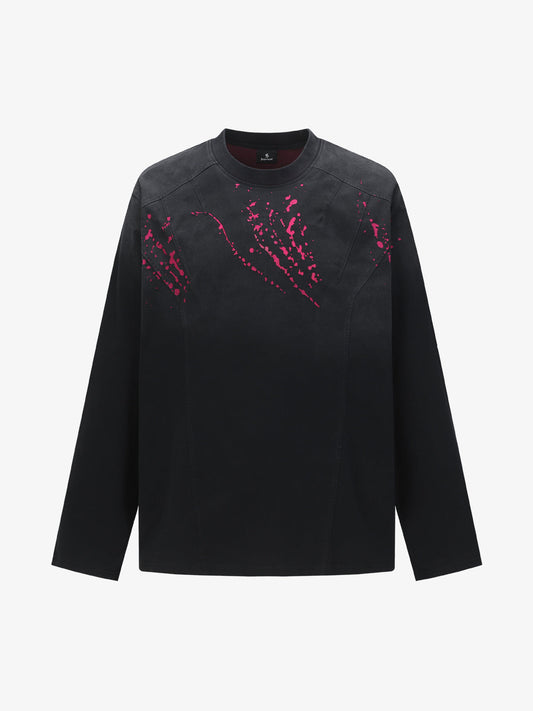 Stylish Black Long Sleeve Top with Pink Splatter Design for Modern Fashionistas