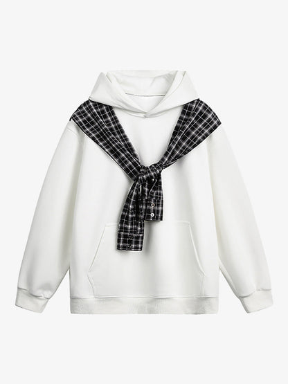 Stylish Plaid-Trimmed Hoodie with Sailor Collar Design for Women