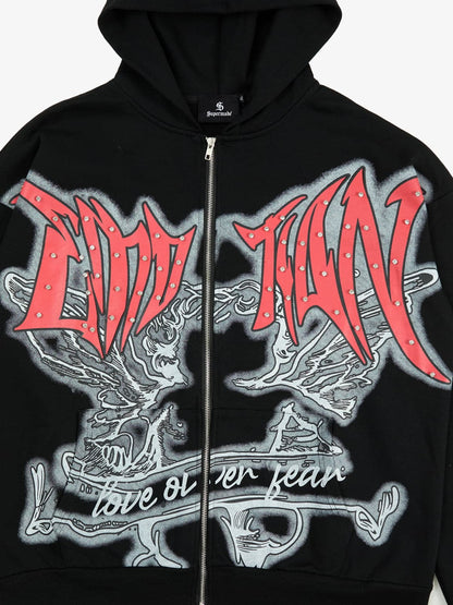 Retro Gothic Print Rhinestone Zip-Up Hoodie