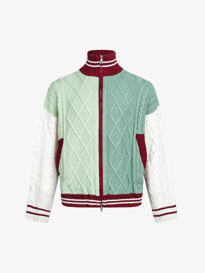 Thesupermade American Retro Contrast Color Design High Collar Knitted Sweater Cardigan