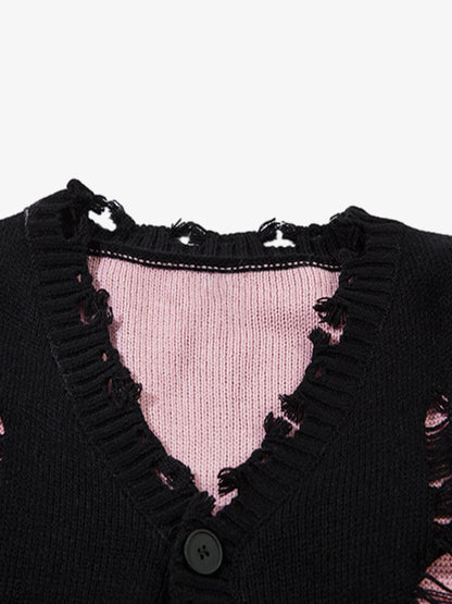 Irregular Neck Hole Hollow Knit Raw Edge Sweater