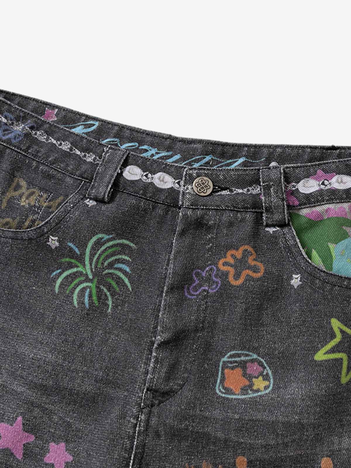 Thesupermade Graffiti Print Cold Transfer Camouflage Layered Cargo Jeans