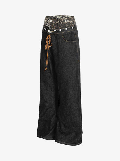 Stylish Wide-Leg Jeans with Unique Star Waistband Design for Men and Women