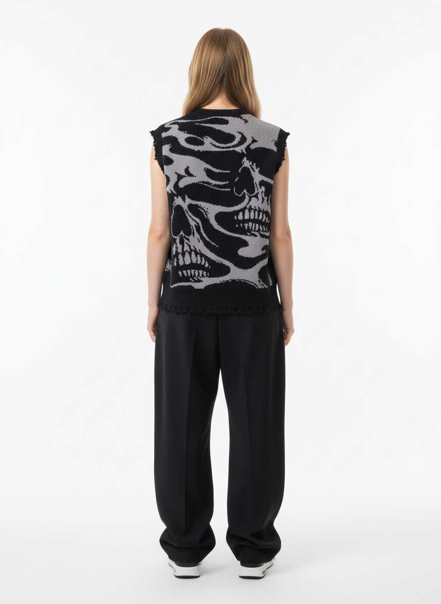 High Street Dark Skull Frayed-edge V-neck Sweater Vest
