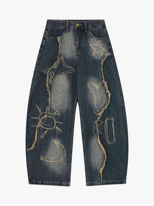 Vintage Embroidered Washed Raw-Edge Graffiti Scimitar Jeans