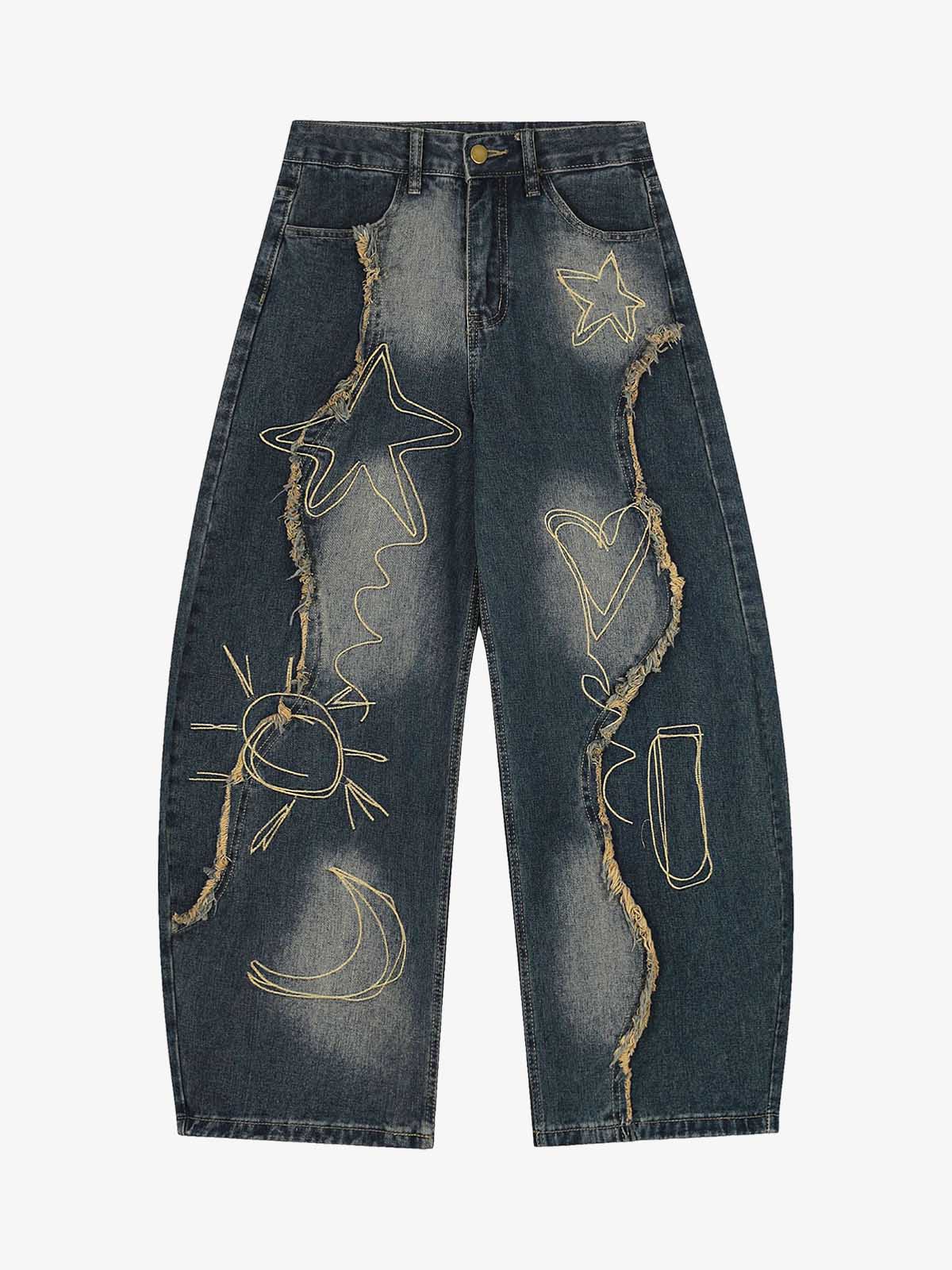 Vintage Embroidered Washed Raw-Edge Graffiti Scimitar Jeans