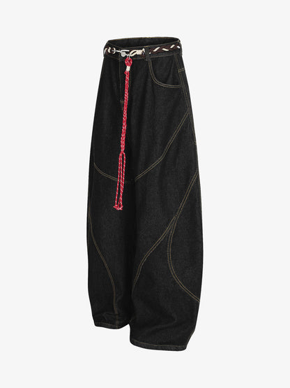 Retro Patchwork Belt Decorated Scimitar Jeans