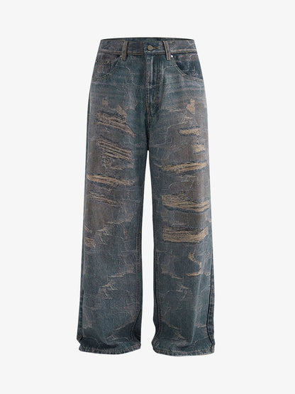 Washed Ripple 3D Print Loose Wide-Leg Jeans