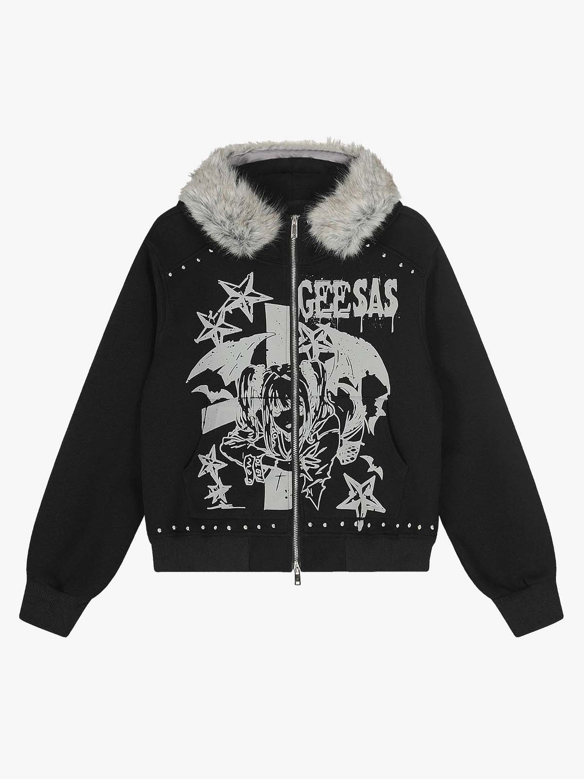 Retro Fur Collar Cartoon Pattern Zipper Hooded Sweatshirt