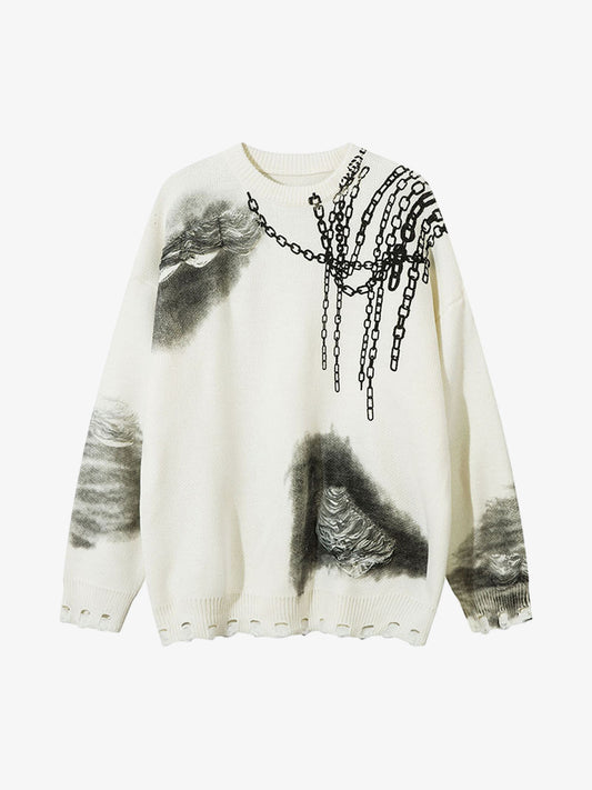 Chain Jacquard Spray-Painted Hole Round Neck Sweater
