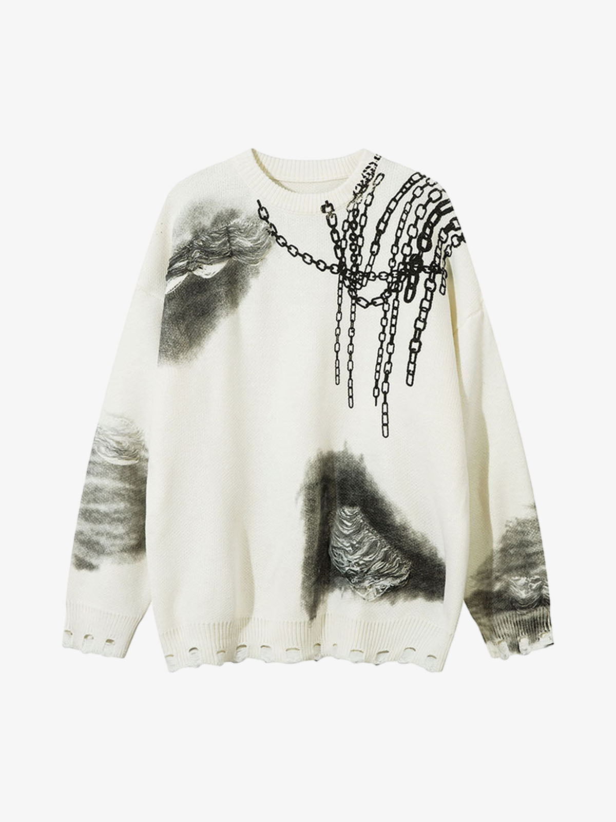 Chain Jacquard Spray-Painted Hole Round Neck Sweater
