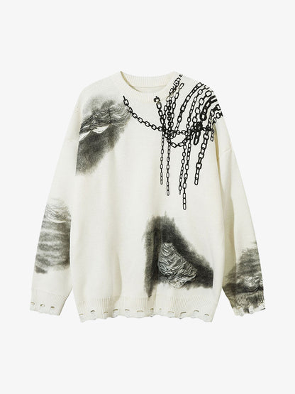 Chain Jacquard Spray-Painted Hole Round Neck Sweater
