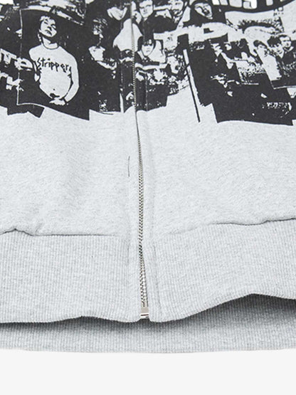 Retro Rock Print Character Zipper Hooded Sweatshirt