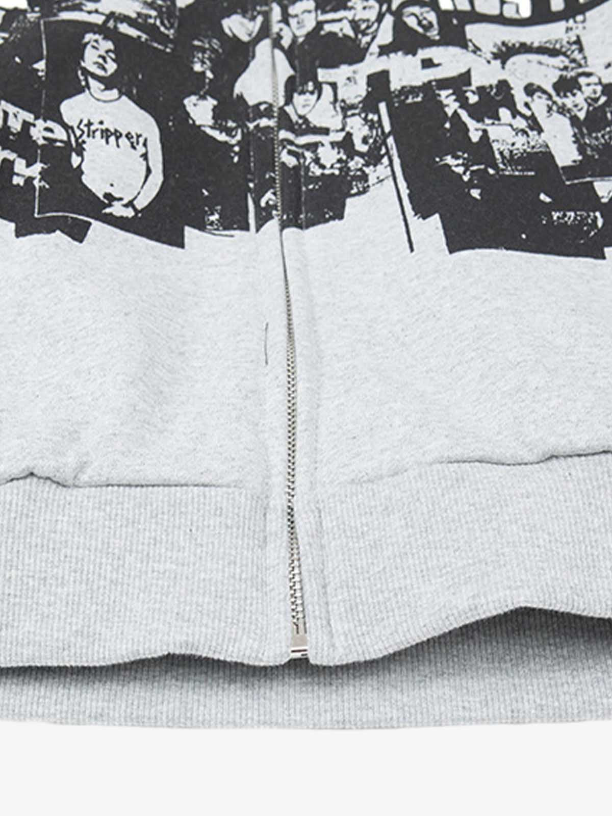 Retro Rock Print Character Zipper Hooded Sweatshirt