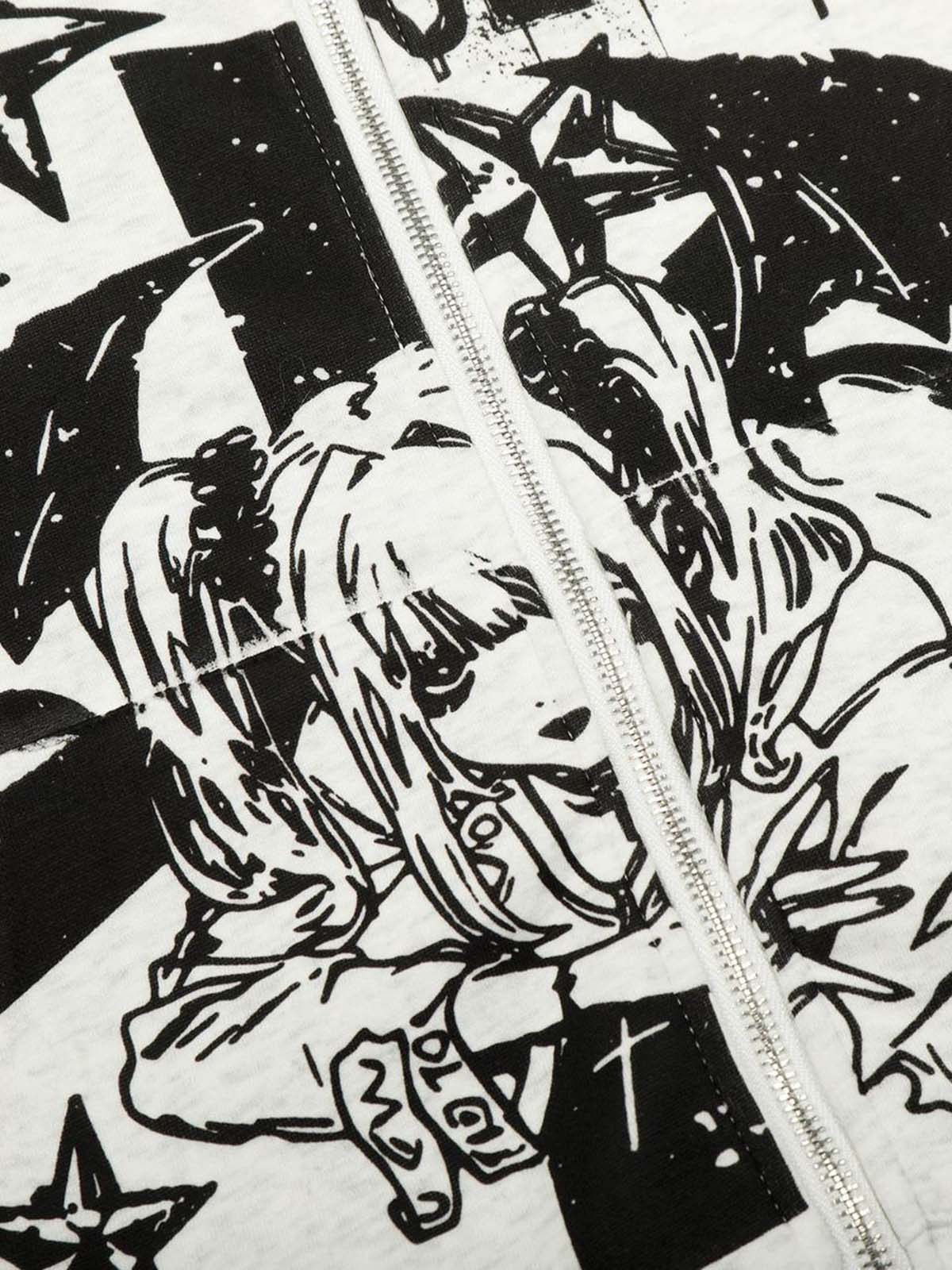 Retro Fur Collar Cartoon Pattern Zipper Hooded Sweatshirt