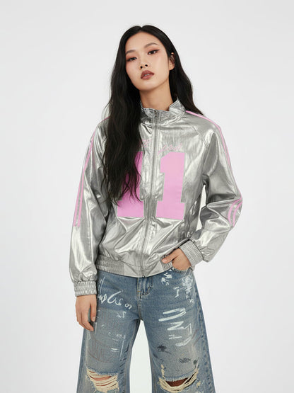 Number 11 Reflective Metallic Leather Track Jacket