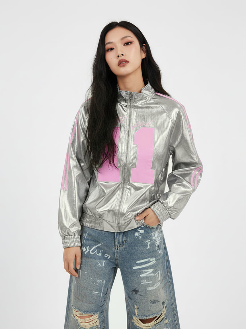 Number 11 Reflective Metallic Leather Track Jacket