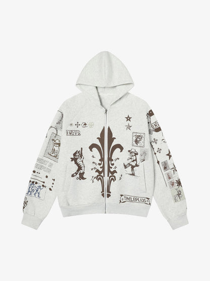 Street Retro Cat Graffiti Hooded Zipper Sweatshirt