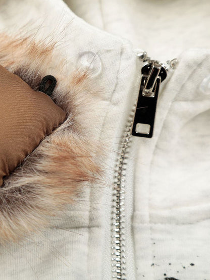 Retro Fur Collar Cartoon Pattern Zipper Hooded Sweatshirt