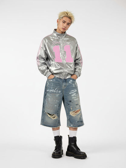 Number 11 Reflective Metallic Leather Track Jacket