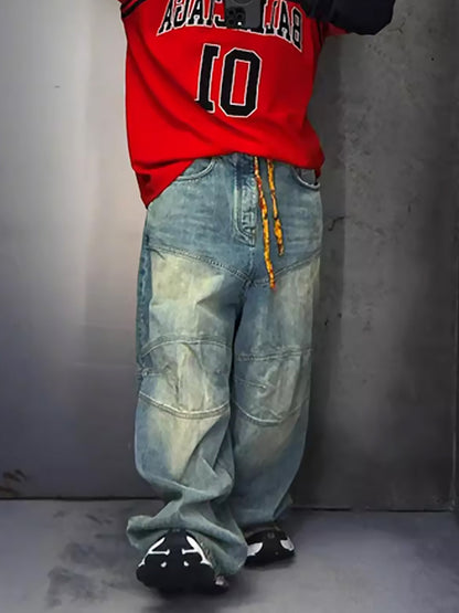 Distressed Contrast Drawstring Knee-Length Jeans