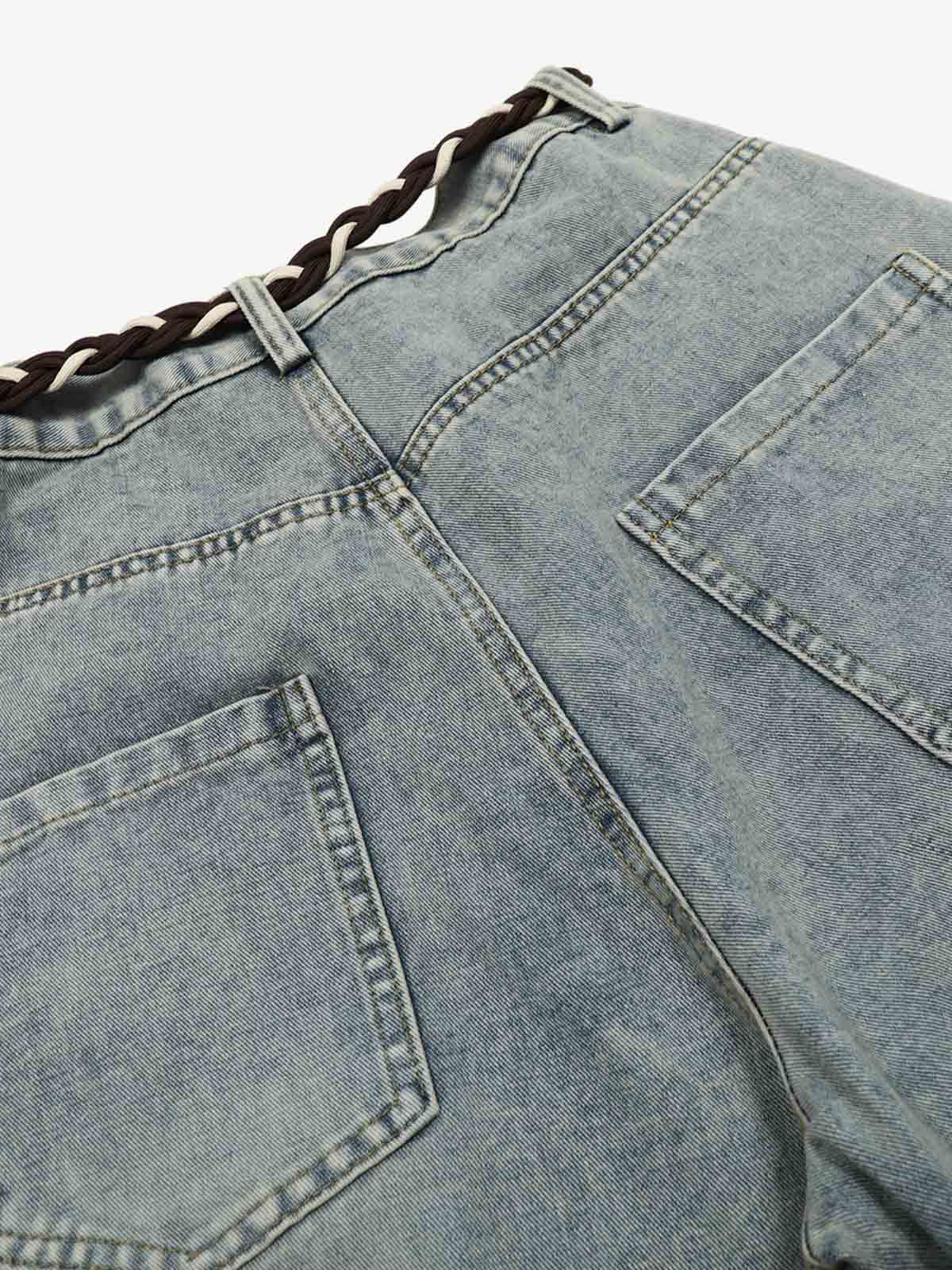 Retro Patchwork Belt Decorated Scimitar Jeans