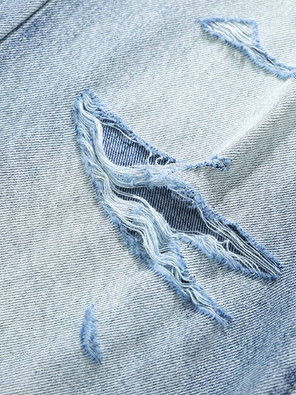 Hip-Hop Cut Distressed Washed Jeans