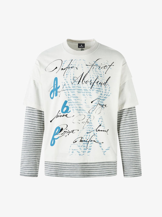 Art Letter Print Stripe Layered Long Sleeve T-Shirt