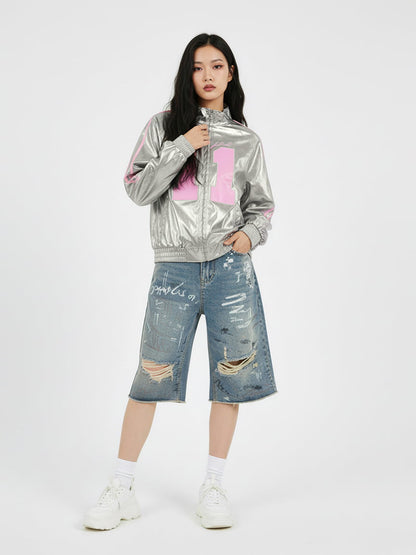 Number 11 Reflective Metallic Leather Track Jacket