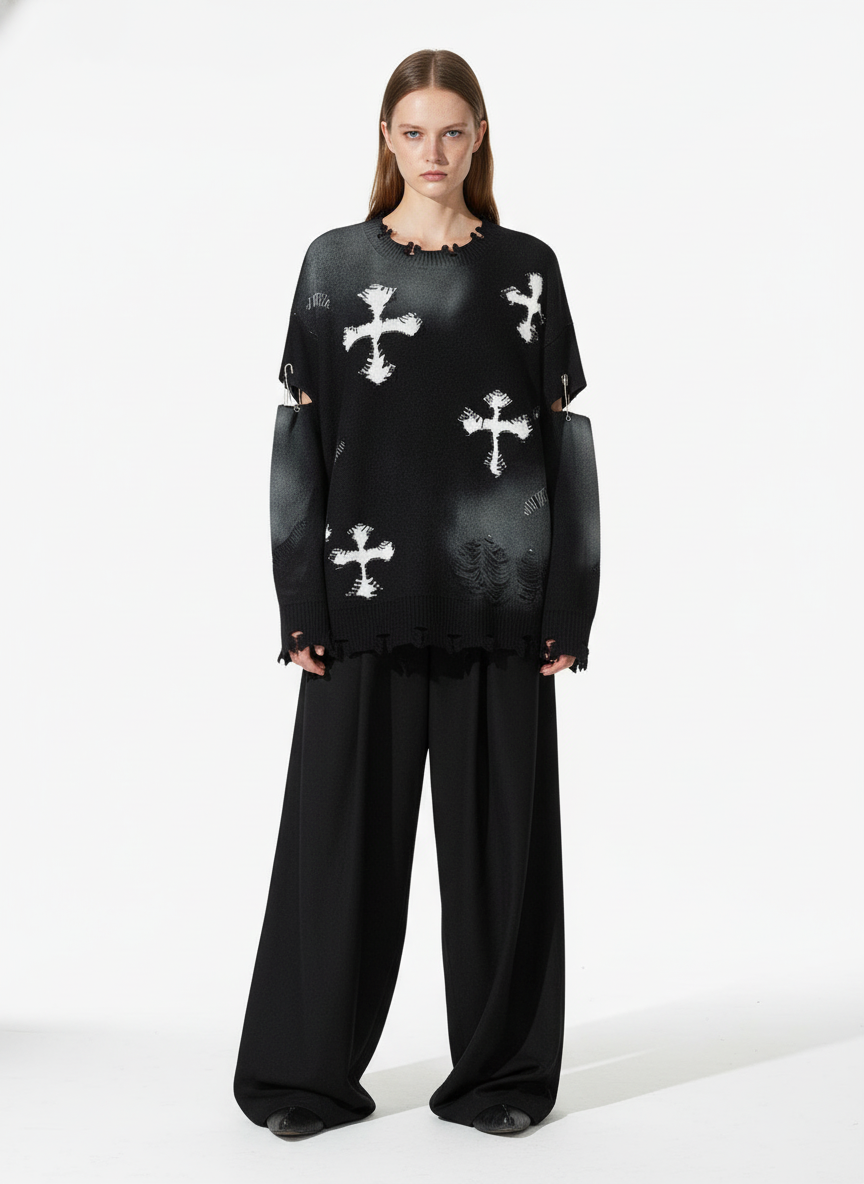 Vintage Spray-Painted Cross Hole Knit Sweater